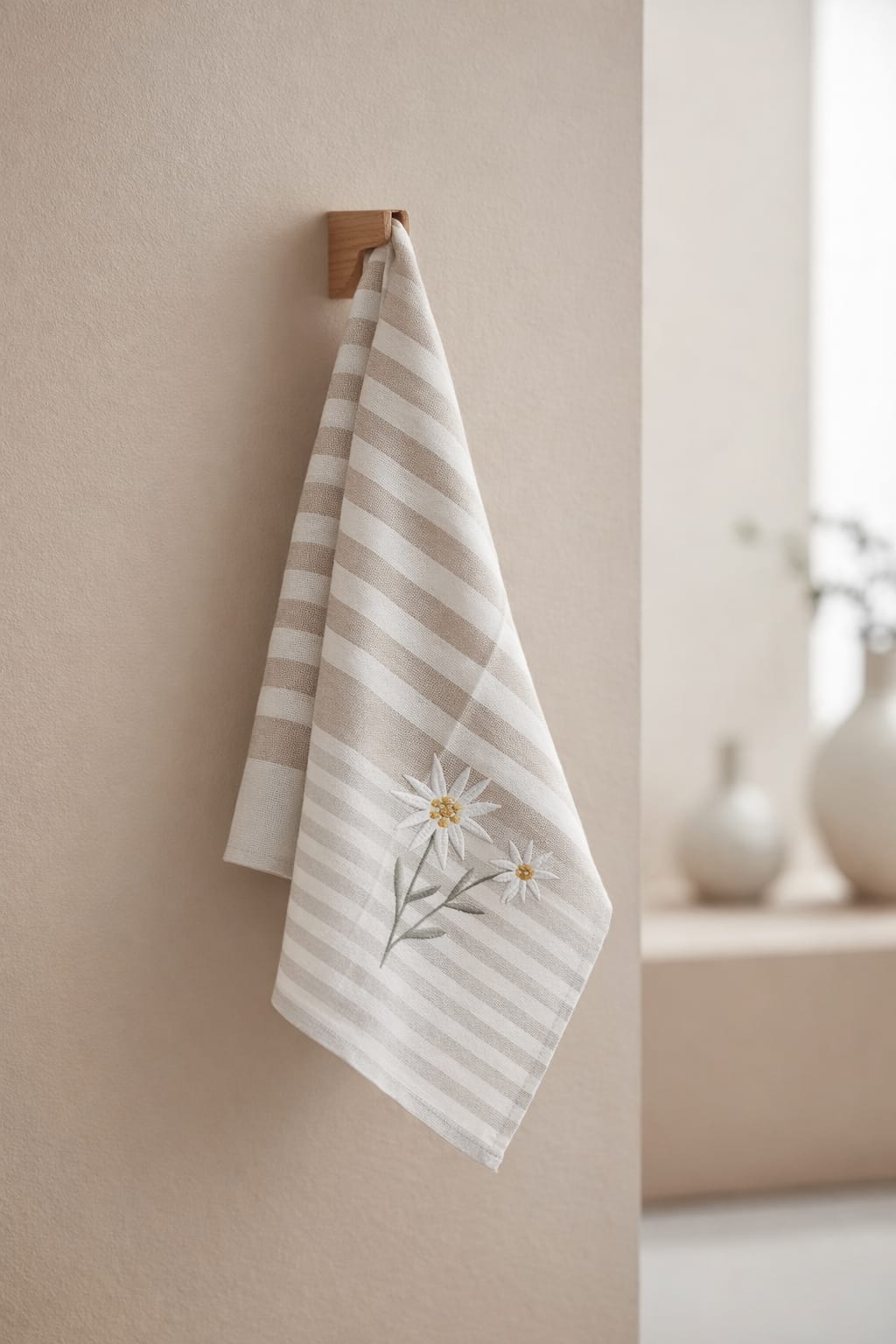 Daisy Embroidered Tea Towel - Beige Stripe