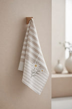 Daisy Embroidered Tea Towel - Beige Stripe