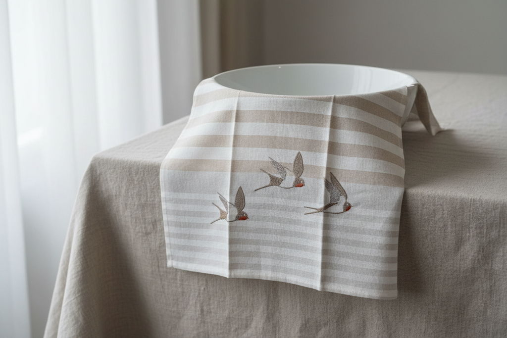 Sparrow tea towel draped over ceramic bowl