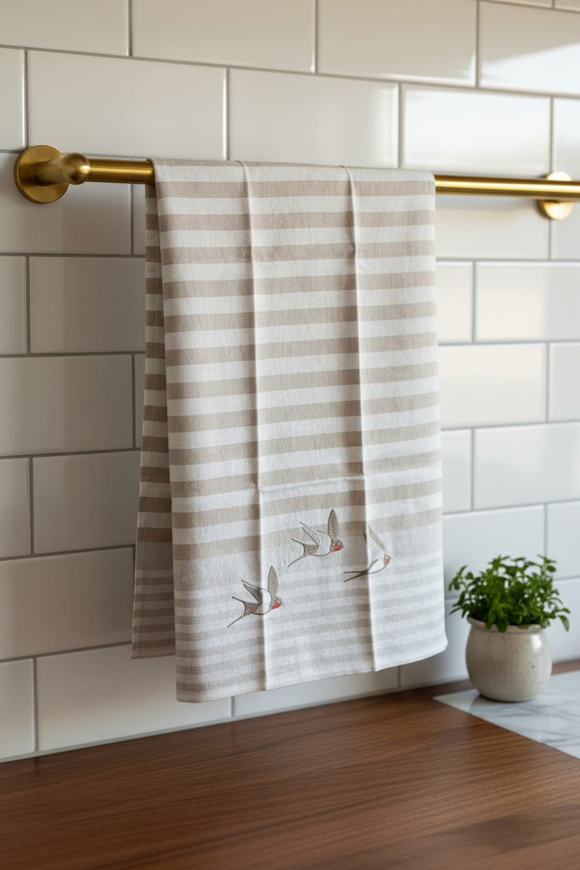 Sparrow tea towel hanging on brass rail