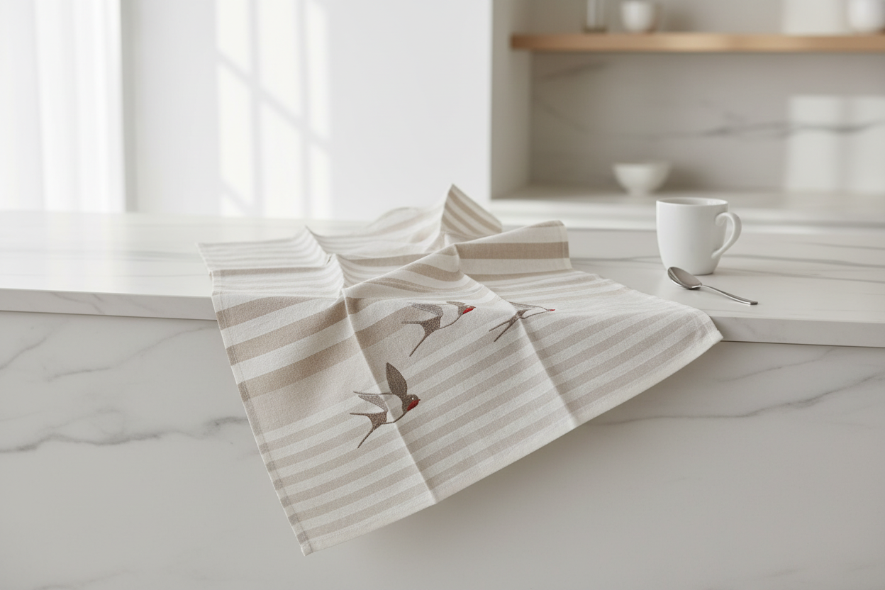 Sparrow tea towel on marble countertop