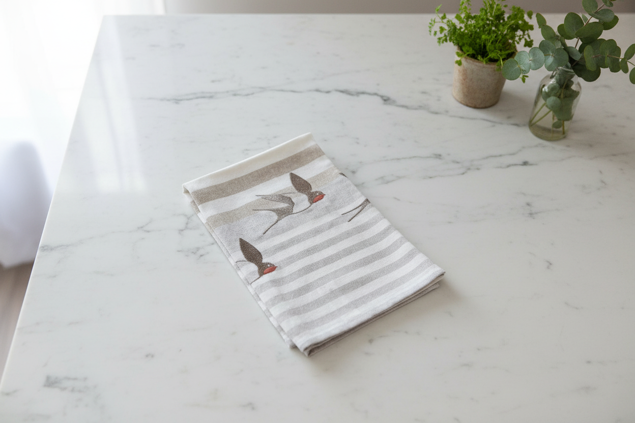 Sparrow tea towel on marble island