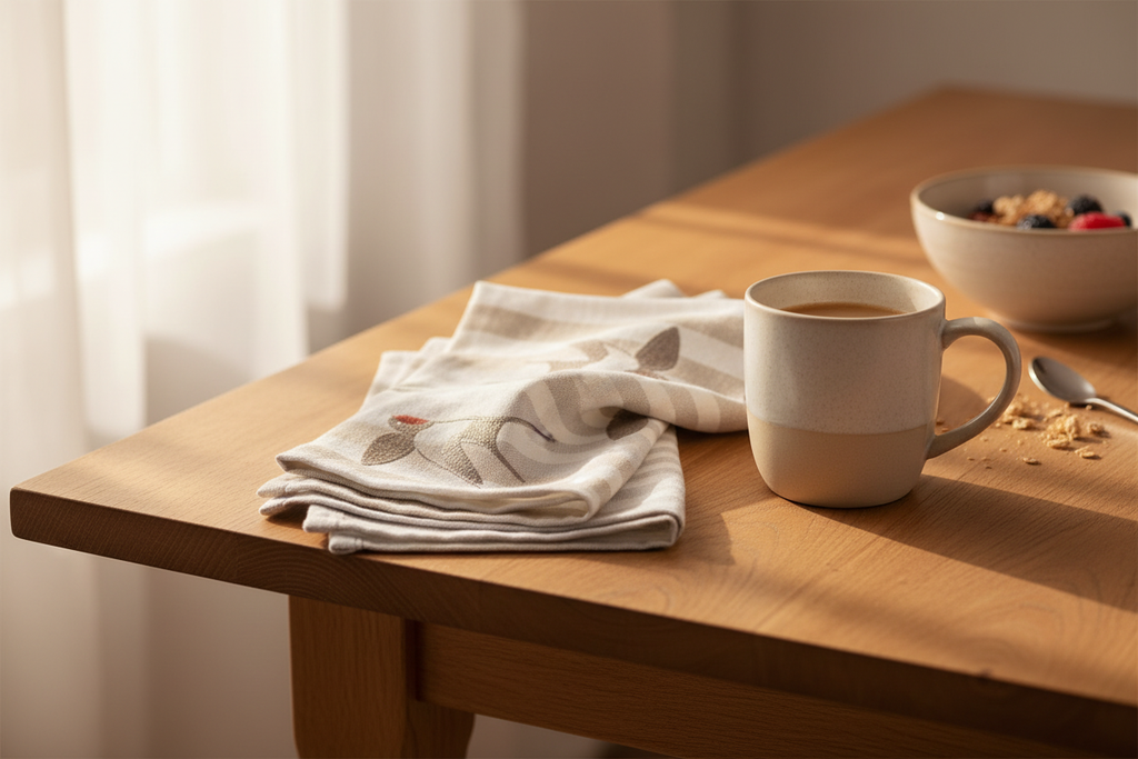 Sparrow tea towel with coffee mug