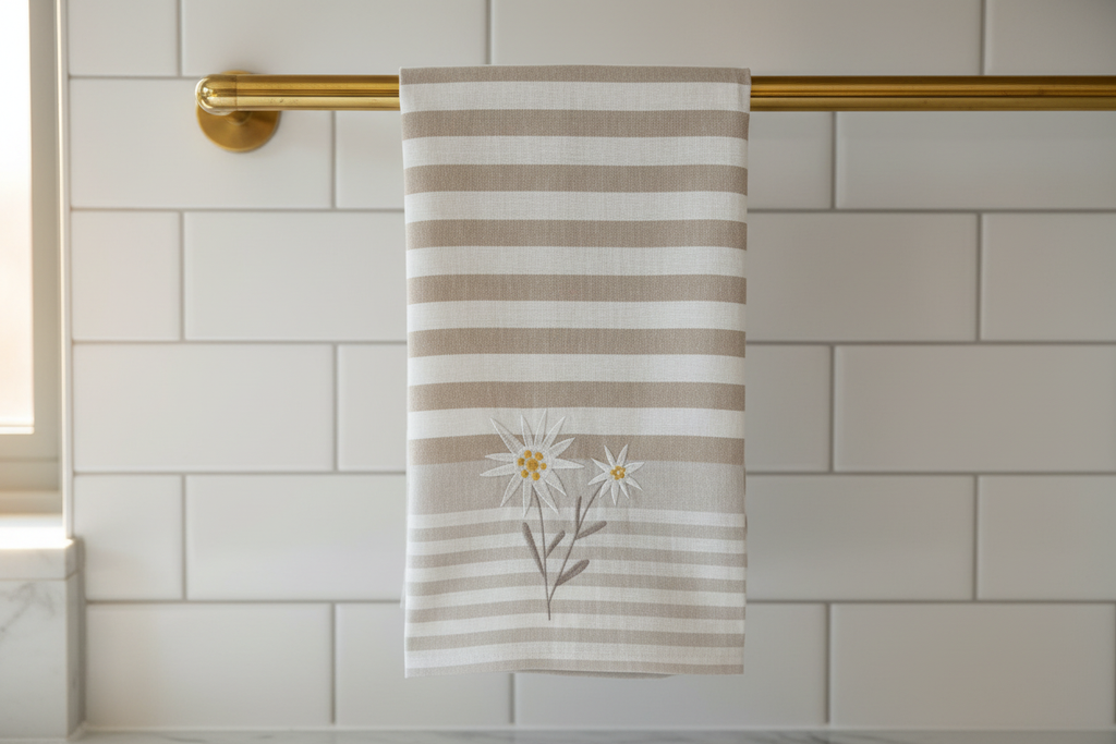 Tea towel hanging on brass rail