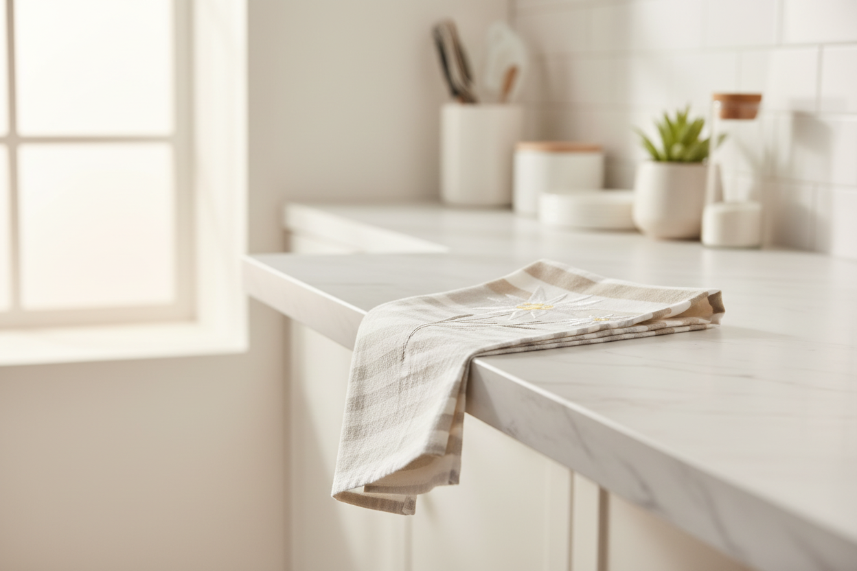 Tea towel on marble countertop
