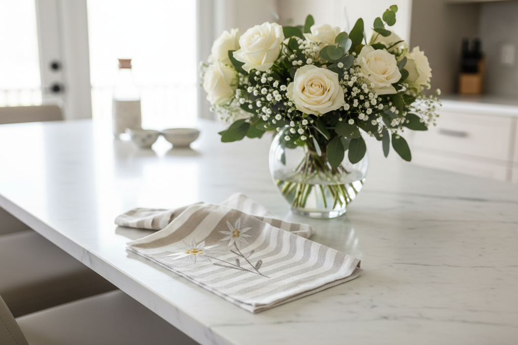 Tea towel on marble island